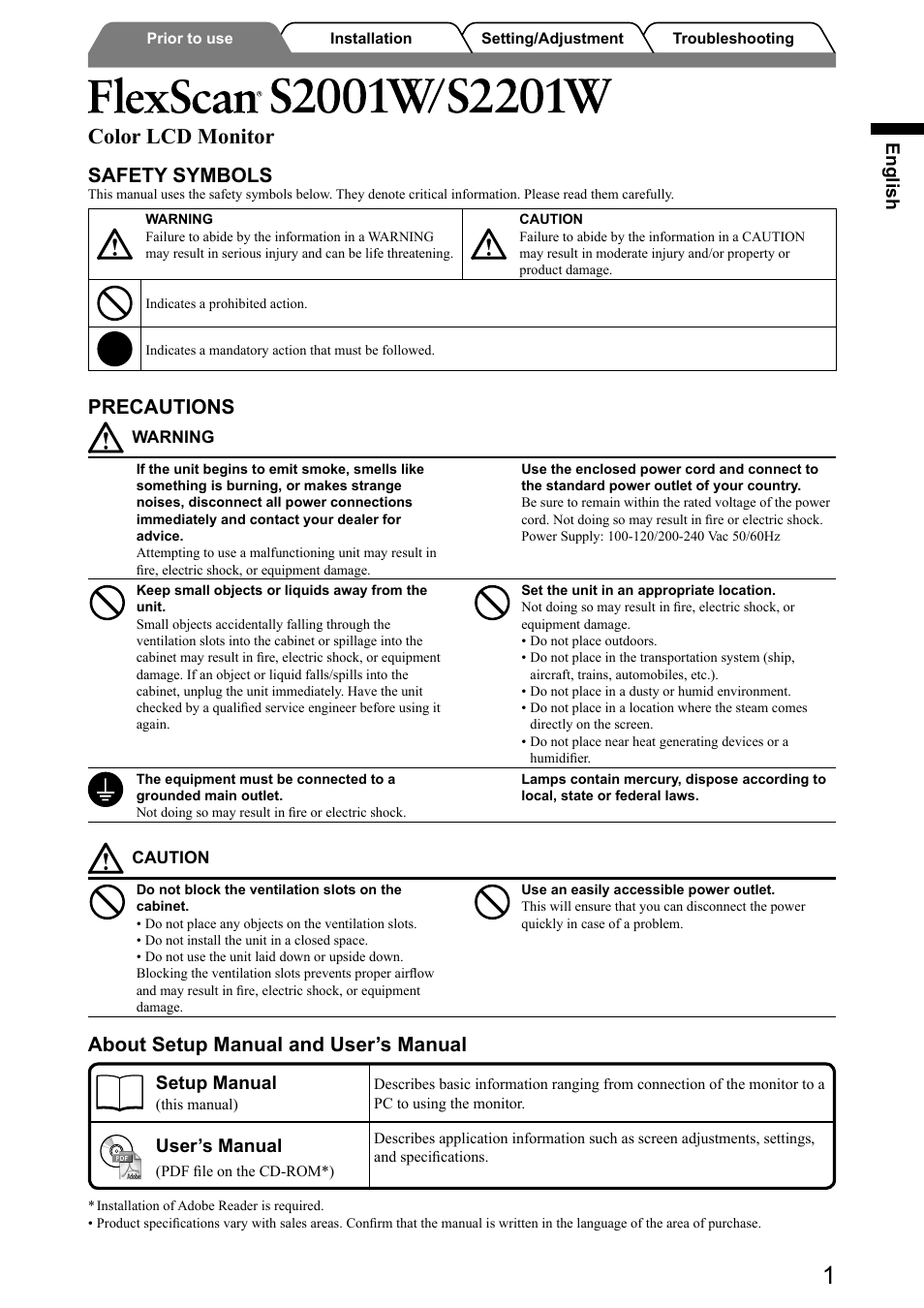 Color lcd monitor, Safety symbols, Precautions | About setup manual and user’s manual, English, Setup manual, User’s manual | Eizo FlexScan S2001W User Manual | Page 3 / 76