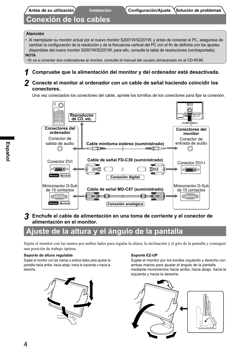 Conexión de los cables, Ajuste de la altura y el ángulo de la pantalla | Eizo FlexScan S2001W User Manual | Page 30 / 76