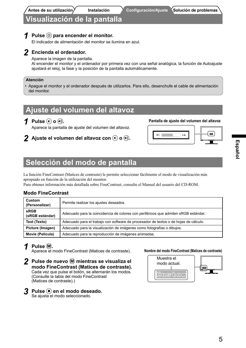 Visualización de la pantalla, Ajuste del volumen del altavoz, Selección del modo de pantalla | Eizo FlexScan S2001W User Manual | Page 31 / 76