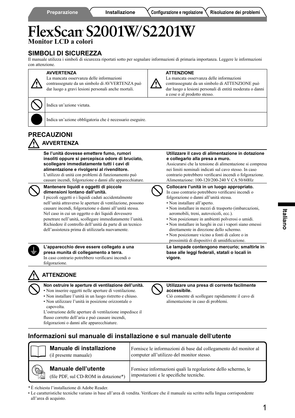 Monitor lcd a colori, Simboli di sicurezza, Precauzioni | Utente, Italiano, Manuale di installazione, Manuale dell’utente | Eizo FlexScan S2001W User Manual | Page 35 / 76