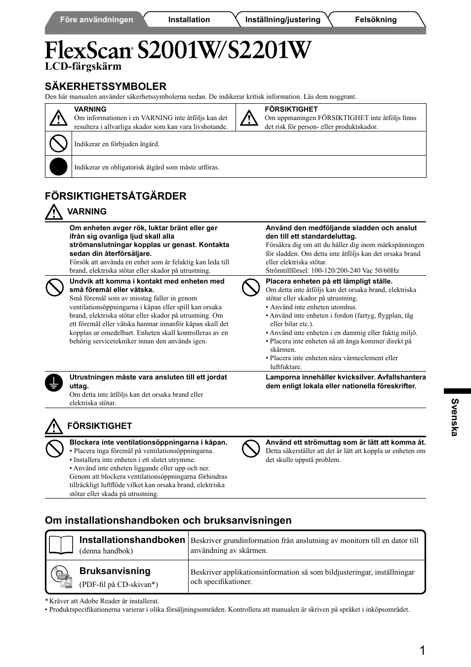 Lcd-färgskärm, Säkerhetssymboler, Försiktighetsåtgärder | Om installationshandboken och bruksanvisningen, Svenska, Installationshandboken, Bruksanvisning | Eizo FlexScan S2001W User Manual | Page 43 / 76