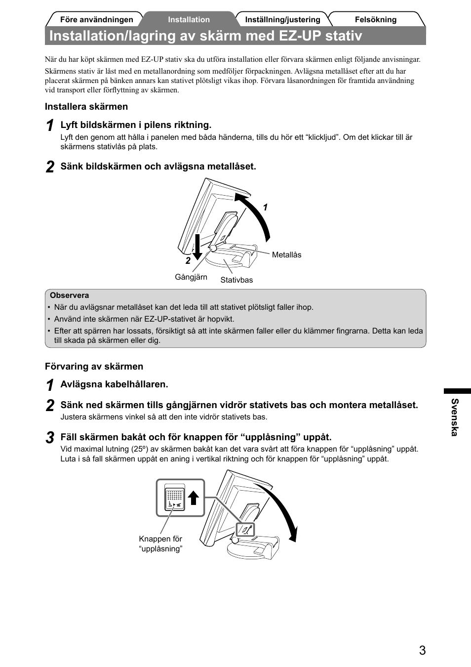 Installation/lagring av skärm med ez-up stativ | Eizo FlexScan S2001W User Manual | Page 45 / 76