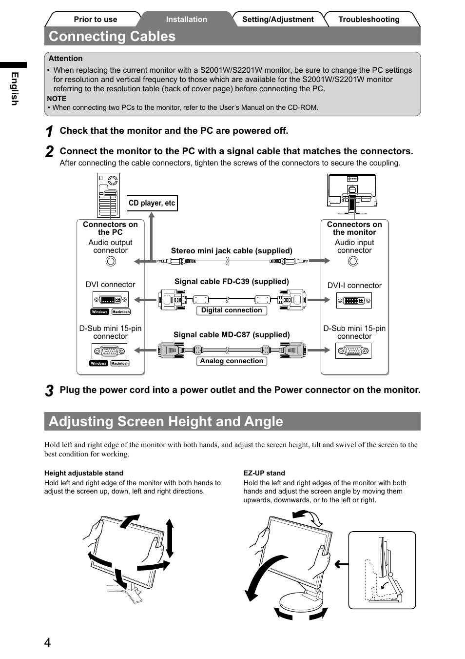 Connecting cables, Adjusting screen height and angle | Eizo FlexScan S2001W User Manual | Page 6 / 76