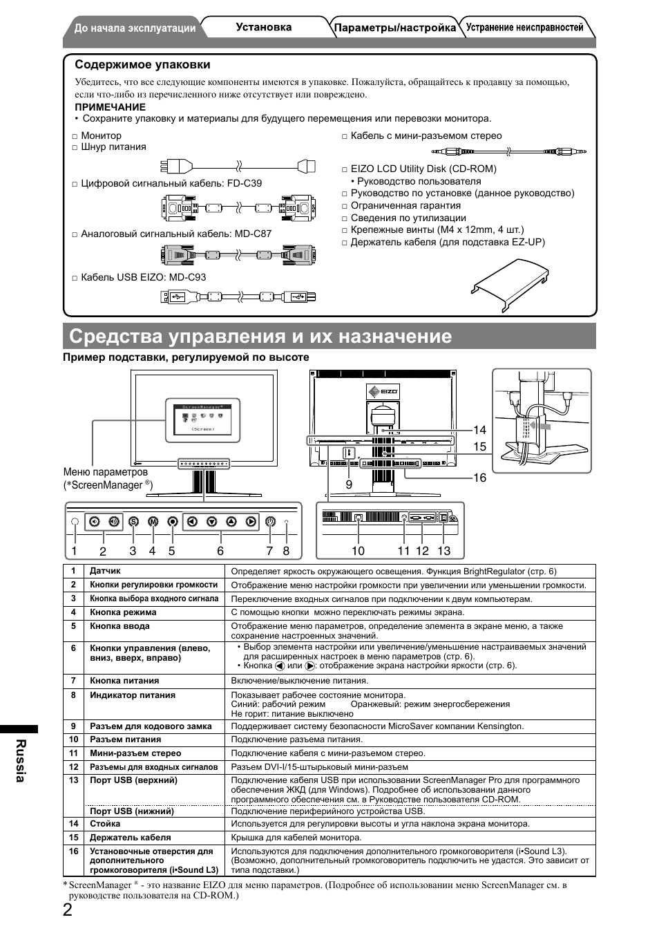 Средства управления и их назначение, Russia, Содержимое упаковки | Eizo FlexScan S2001W User Manual | Page 60 / 76