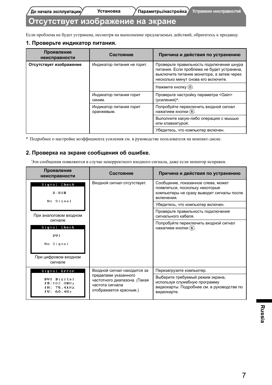 Отсутствует изображение на экране | Eizo FlexScan S2001W User Manual | Page 65 / 76