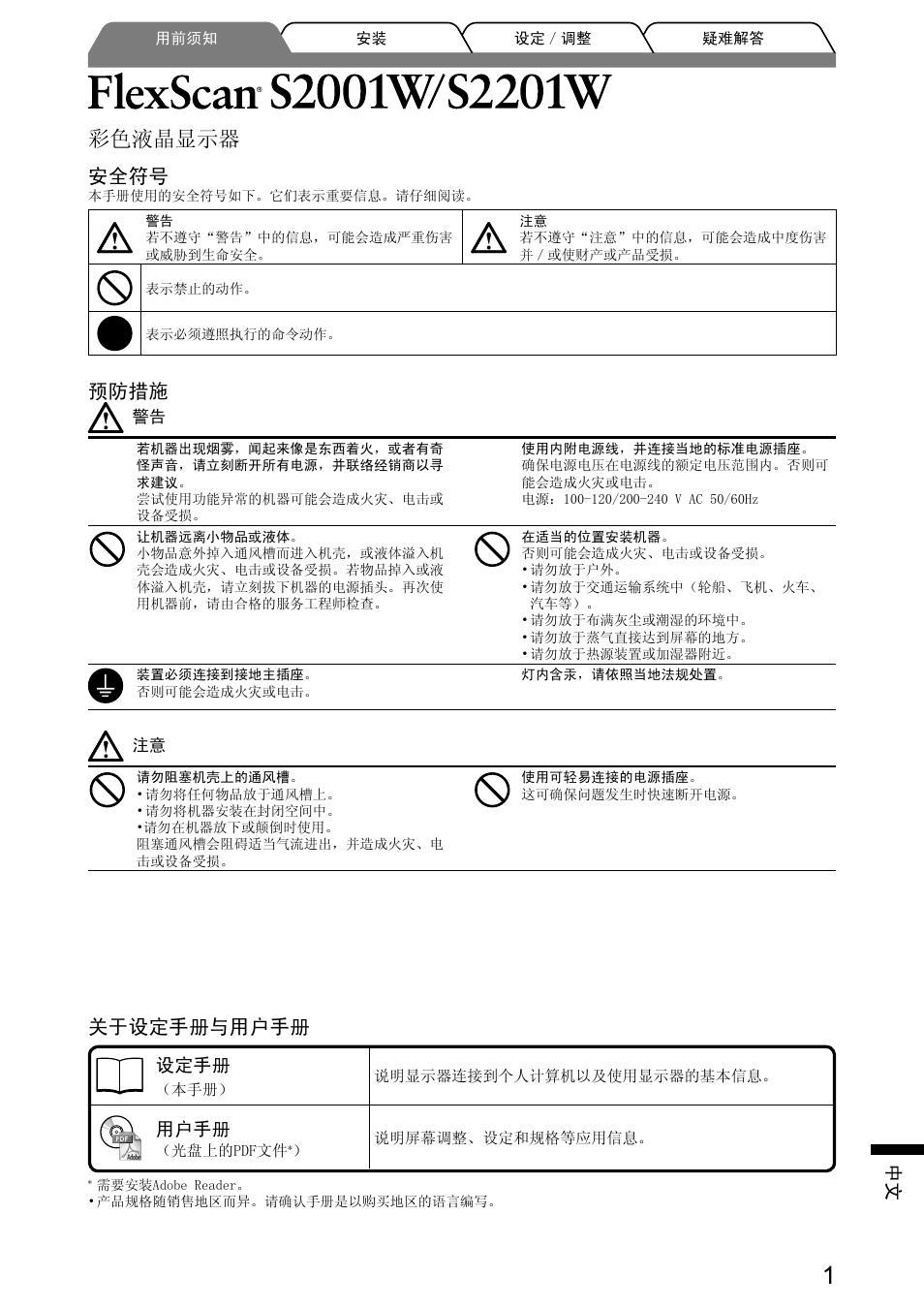 彩色液晶显示器, 安全符号, 预防措施 | 关于设定手册与用户手册, 设定手册, 用户手册 | Eizo FlexScan S2001W User Manual | Page 67 / 76