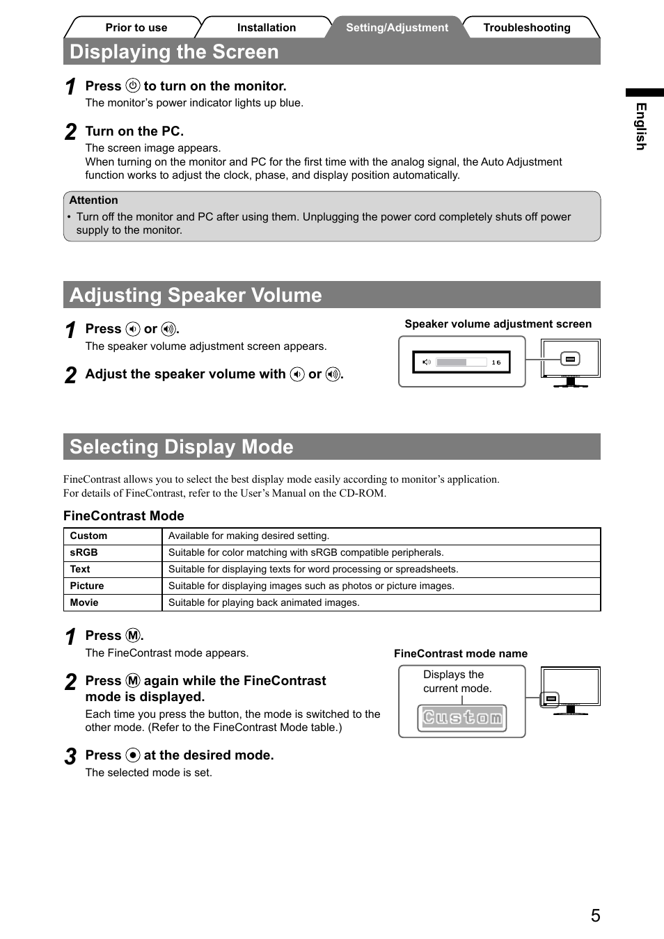 Displaying the screen, Adjusting speaker volume, Selecting display mode | Eizo FlexScan S2001W User Manual | Page 7 / 76