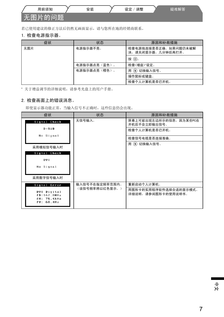 无图片的问题, 检查电源指示器, 检查画面上的错误消息 | Eizo FlexScan S2001W User Manual | Page 73 / 76