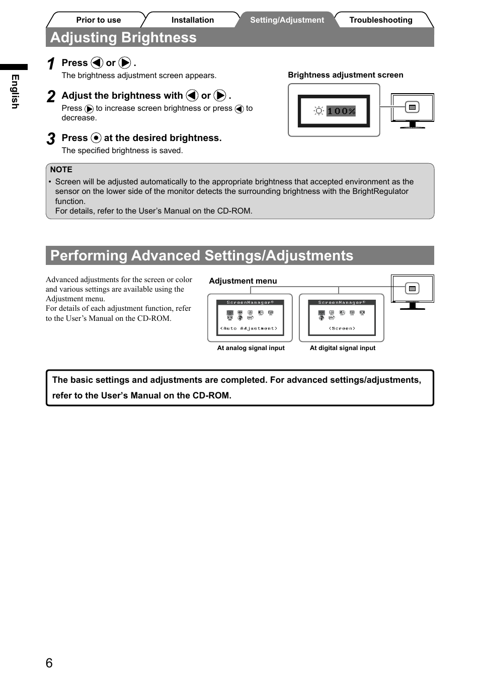 Adjusting brightness, Performing advanced settings/adjustments | Eizo FlexScan S2001W User Manual | Page 8 / 76