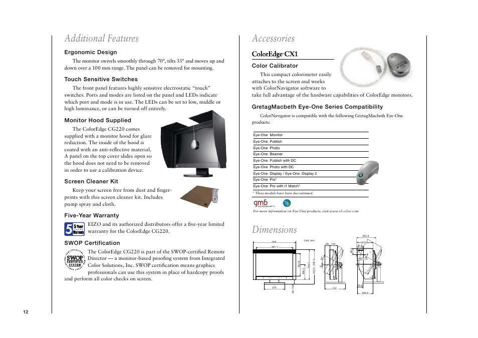 Additional features, Accessories, Dimensions | Eizo CG220 User Manual | Page 12 / 14