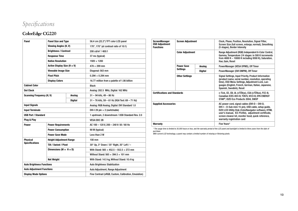 Speciﬁcations | Eizo CG220 User Manual | Page 13 / 14
