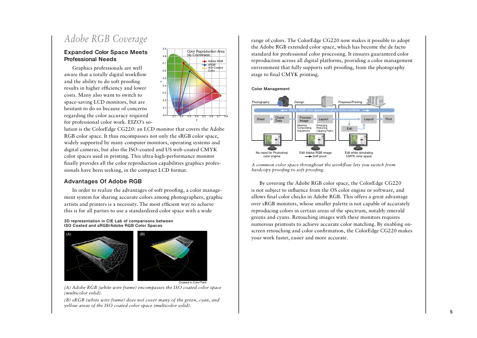 Adobe rgb coverage, Expanded color space meets professional needs, Advantages of adobe rgb | Eizo CG220 User Manual | Page 5 / 14