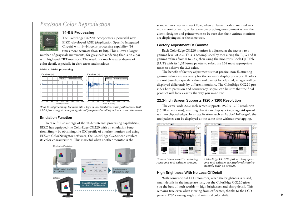Precision color reproduction, Bit processing, Emulation function | Factory adjustment of gamma, High brightness with no loss of detail | Eizo CG220 User Manual | Page 9 / 14