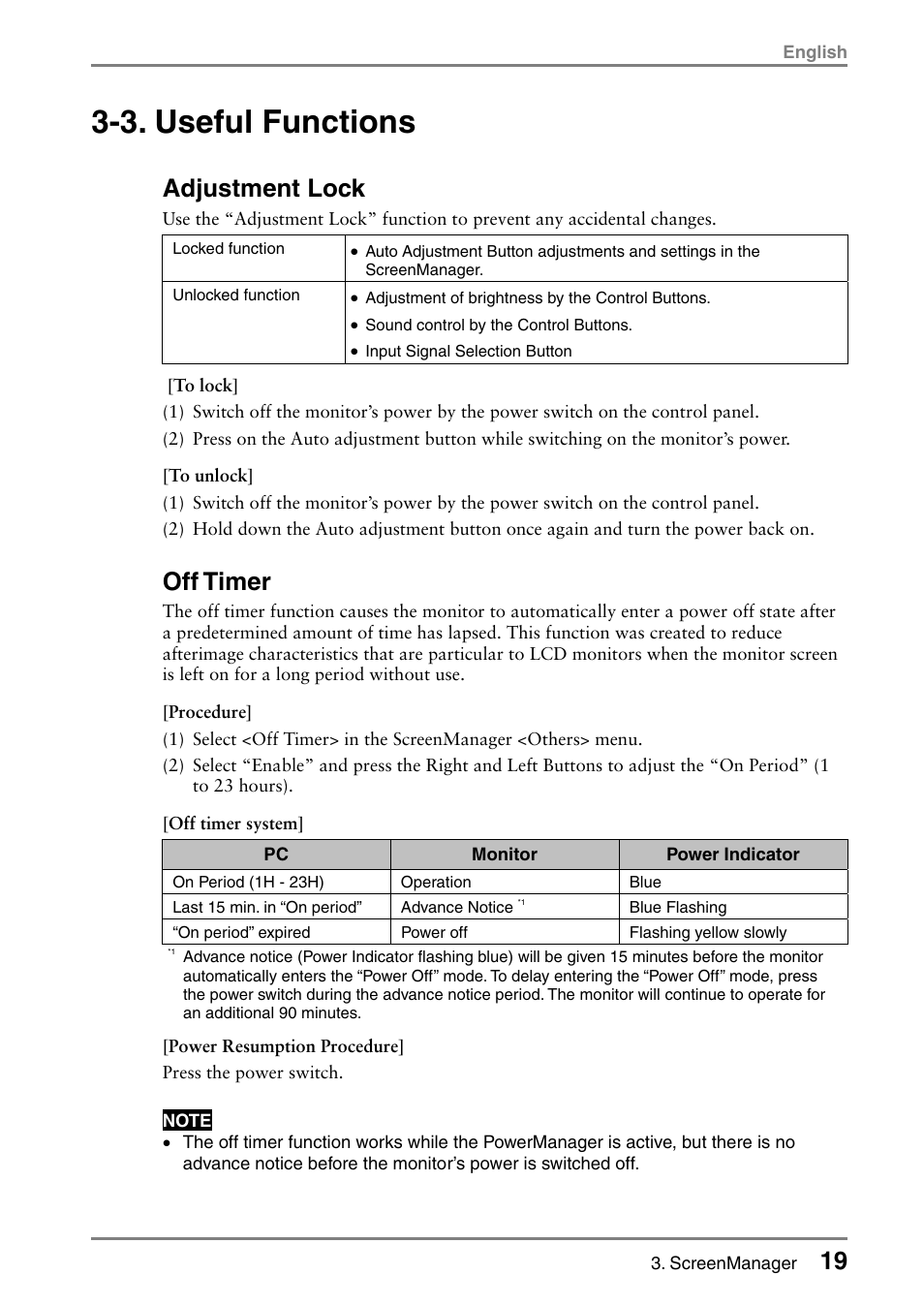 3. useful functions, Adjustment lock, Off timer | Eizo FlexScan L353T-C User Manual | Page 19 / 47