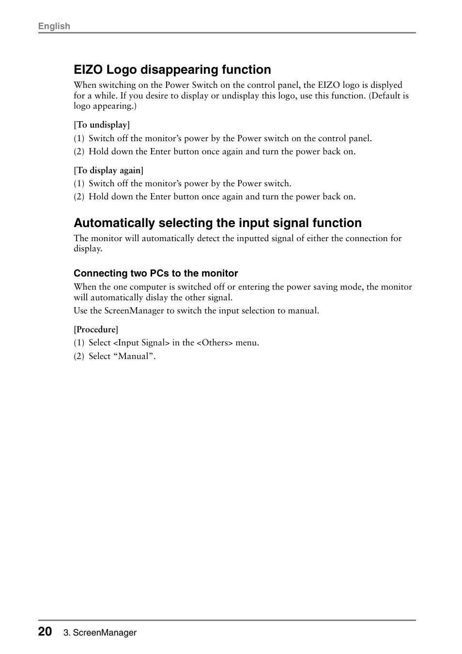 Eizo logo disappearing function, Automatically selecting the input signal function | Eizo FlexScan L353T-C User Manual | Page 20 / 47