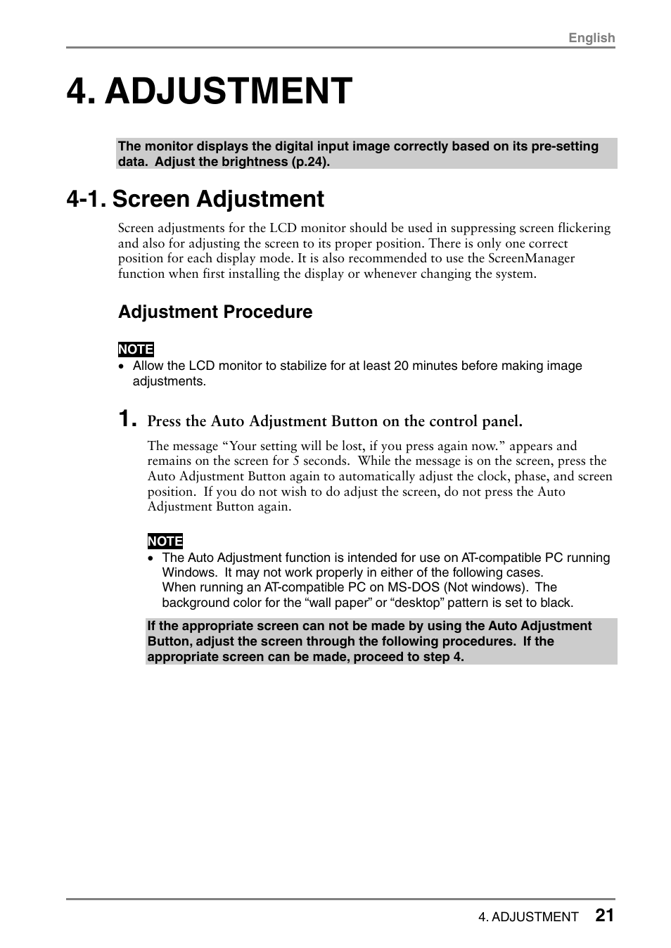 Adjustment, 1. screen adjustment, Adjustment procedure | Eizo FlexScan L353T-C User Manual | Page 21 / 47