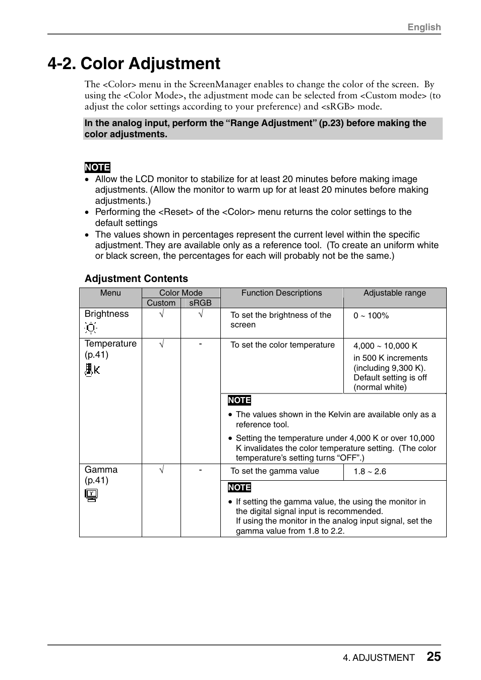 2. color adjustment | Eizo FlexScan L353T-C User Manual | Page 25 / 47