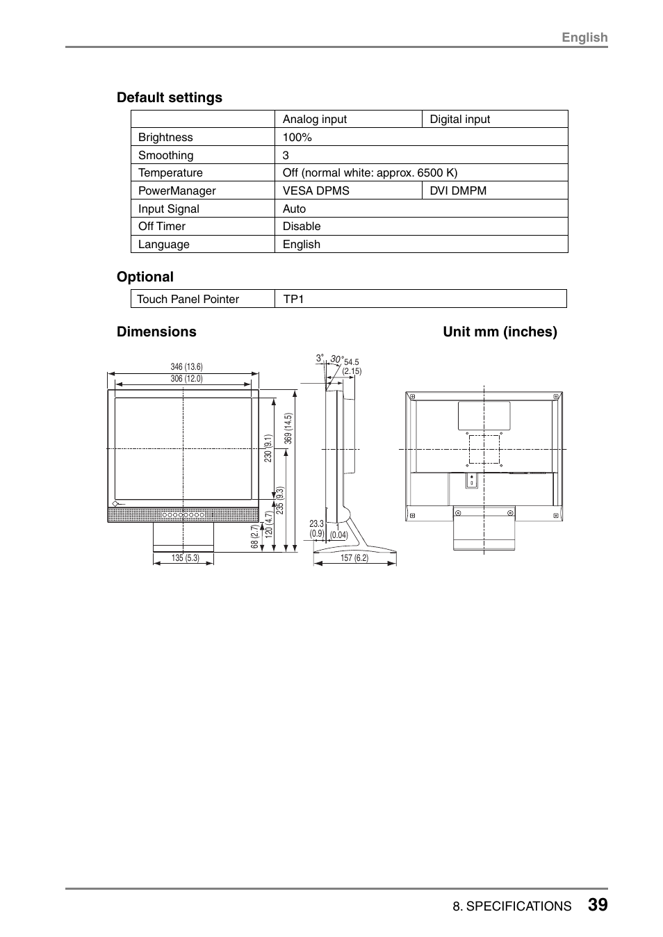 Default settings, Optional, Dimensions unit mm (inches) | Eizo FlexScan L353T-C User Manual | Page 39 / 47