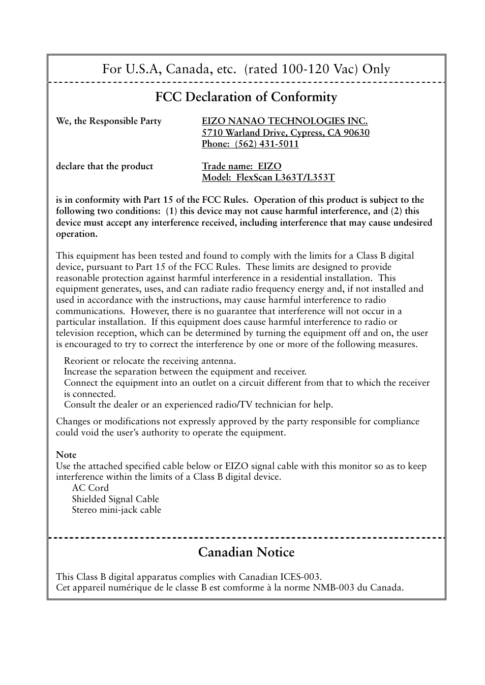 Fcc declaration of conformity, Canadian notice | Eizo FlexScan L353T-C User Manual | Page 44 / 47