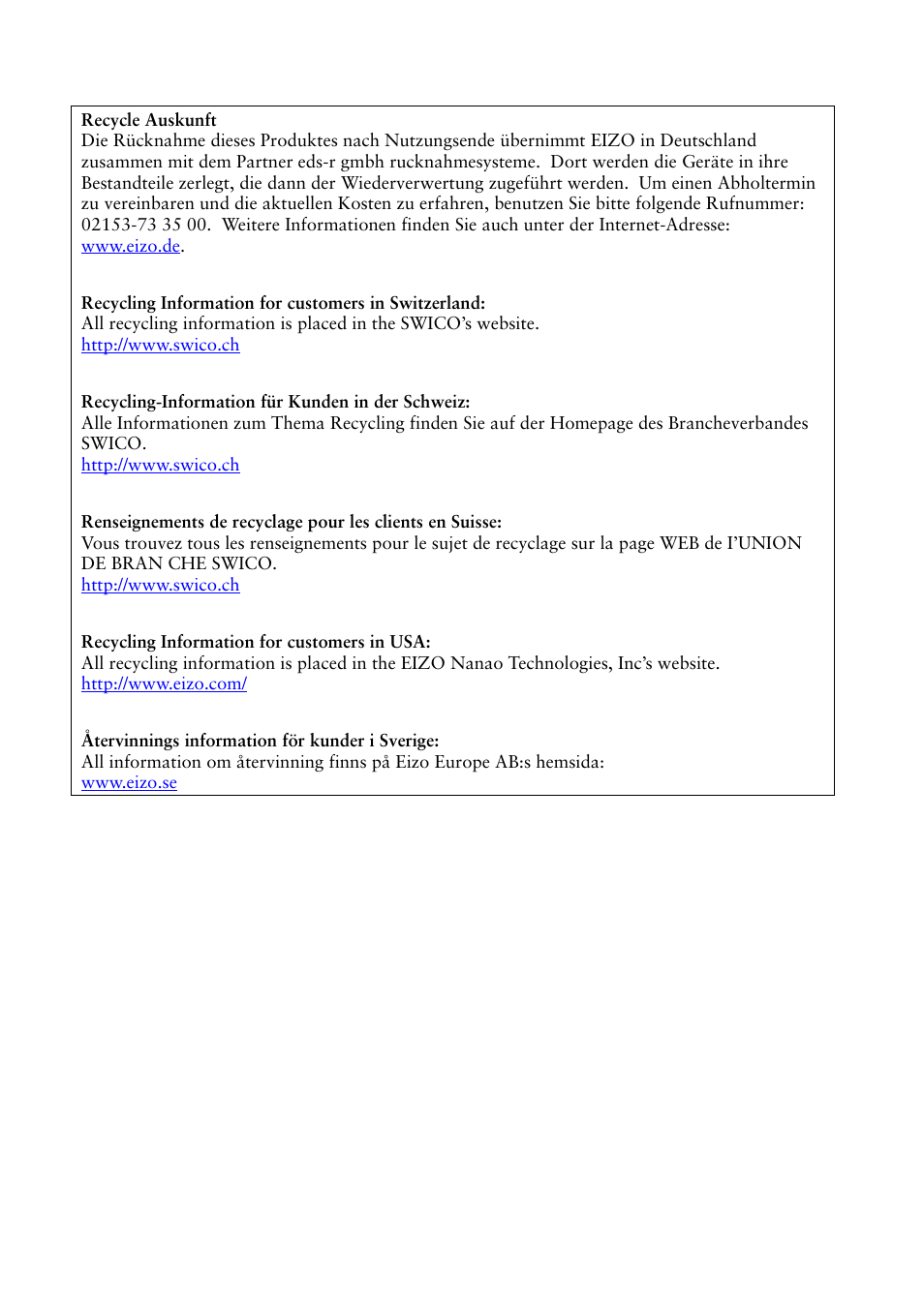 Recycling information | Eizo FlexScan L353T-C User Manual | Page 46 / 47