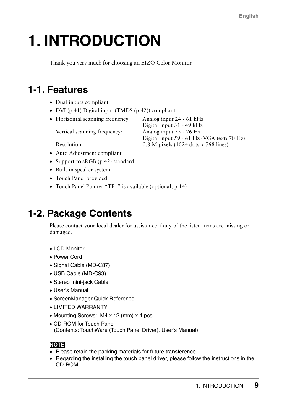 Introduction, 1. features, 2. package contents | Eizo FlexScan L353T-C User Manual | Page 9 / 47