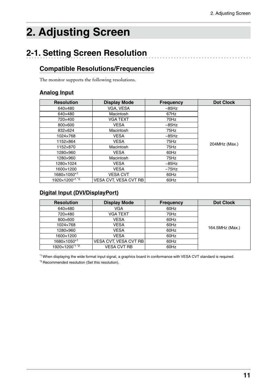 Adjusting screen, 1. setting screen resolution, Compatible resolutions/frequencies | Setting screen resolution, Analog input, Digital input (dvi/displayport) | Eizo ColorEdge CG242W User Manual | Page 11 / 41