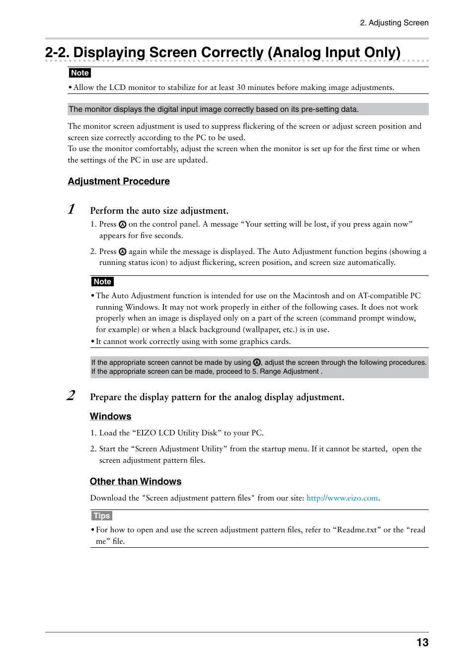 2. displaying screen correctly (analog input only), 2. displaying screen correctly, Analog input only) | 2. displaying screen correctly (analog input, Only), Displaying screen correctly (analog input only) | Eizo ColorEdge CG242W User Manual | Page 13 / 41