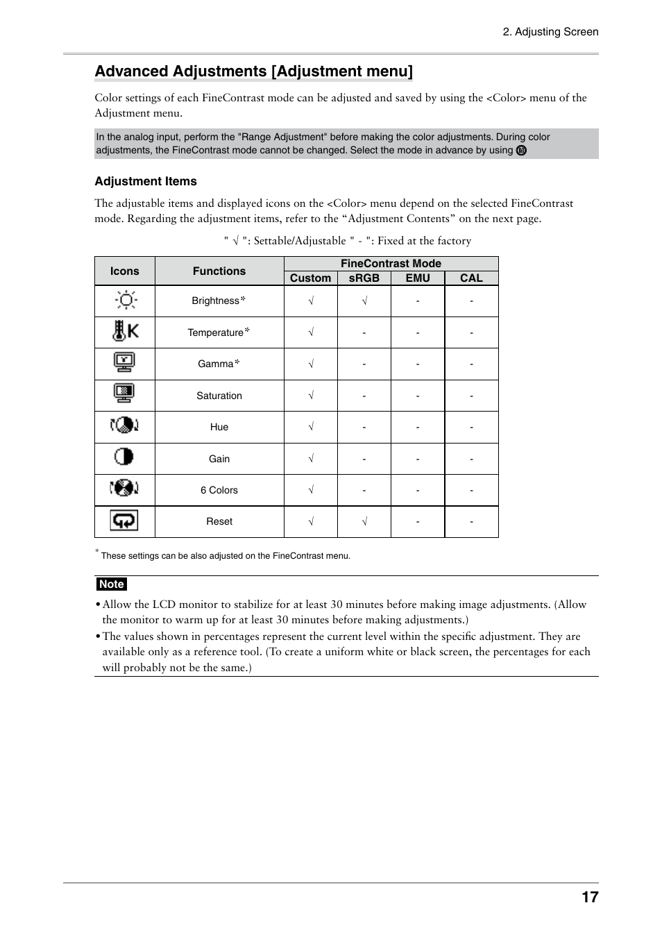 Advanced adjustments [adjustment menu, 1 advanced adjustments [adjustment menu | Eizo ColorEdge CG242W User Manual | Page 17 / 41