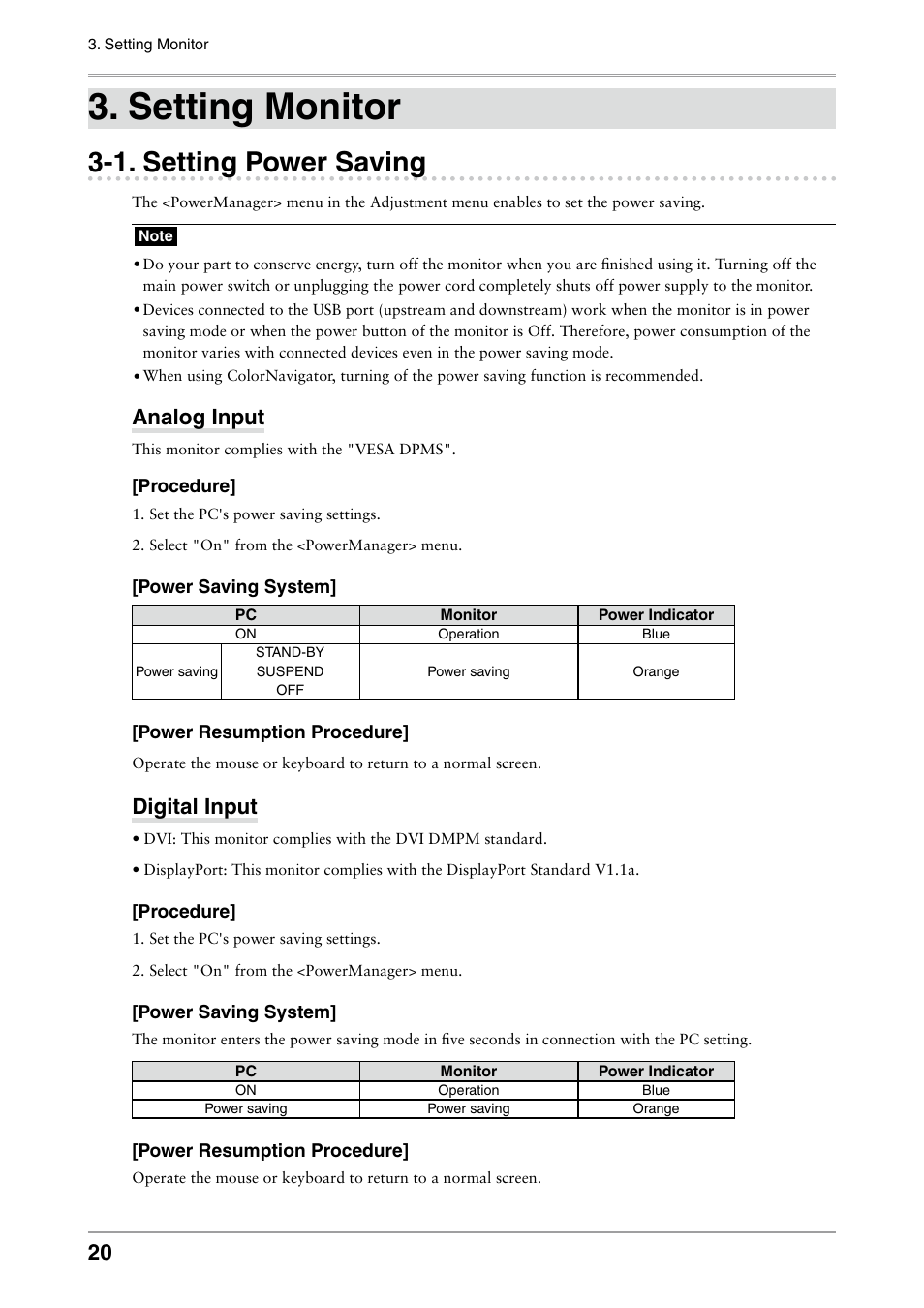 Setting monitor, 1. setting power saving, Analog input | Digital input, Setting power saving | Eizo ColorEdge CG242W User Manual | Page 20 / 41