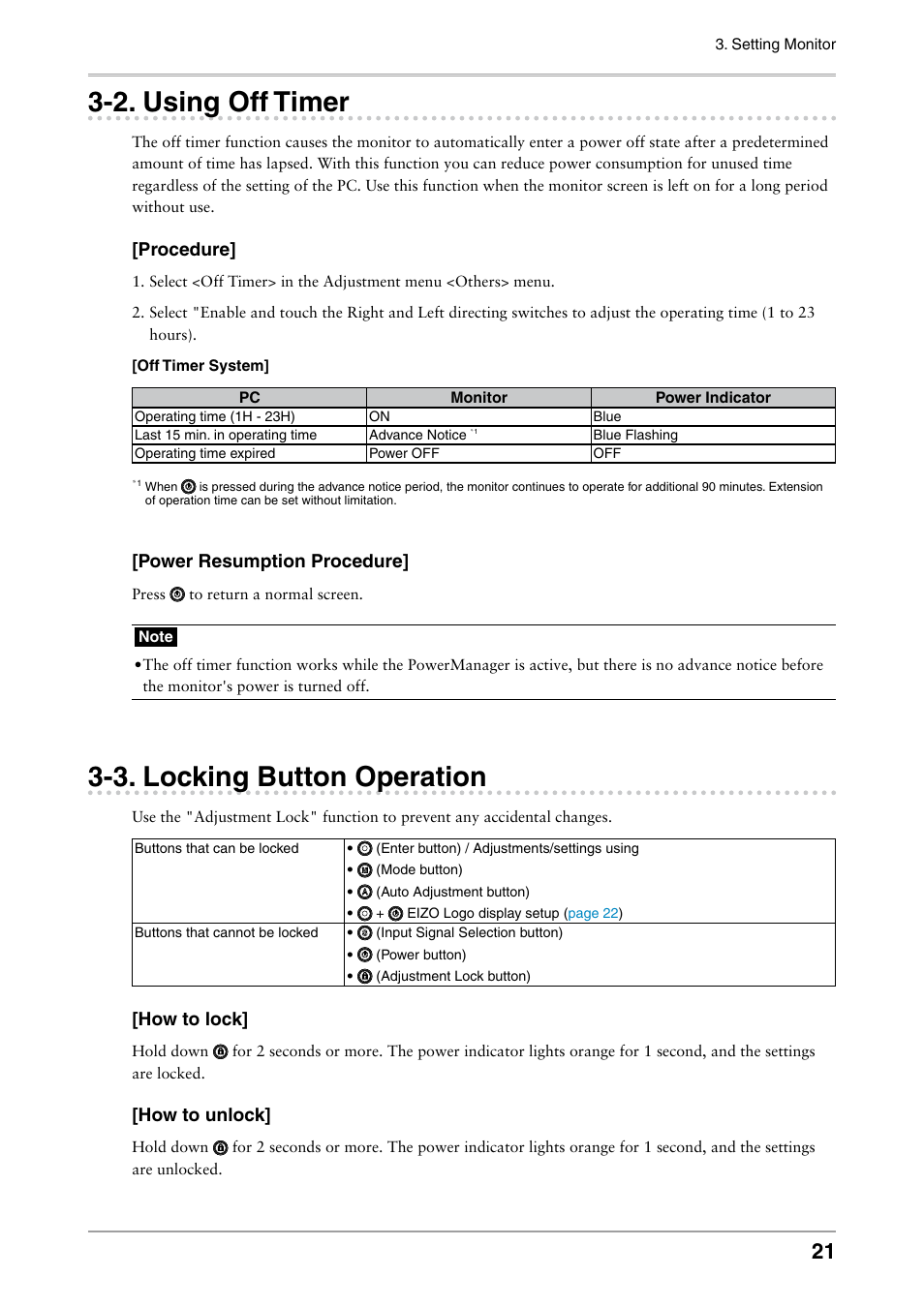 2. using off timer, 3. locking button operation, Using off timer | Locking button operation | Eizo ColorEdge CG242W User Manual | Page 21 / 41