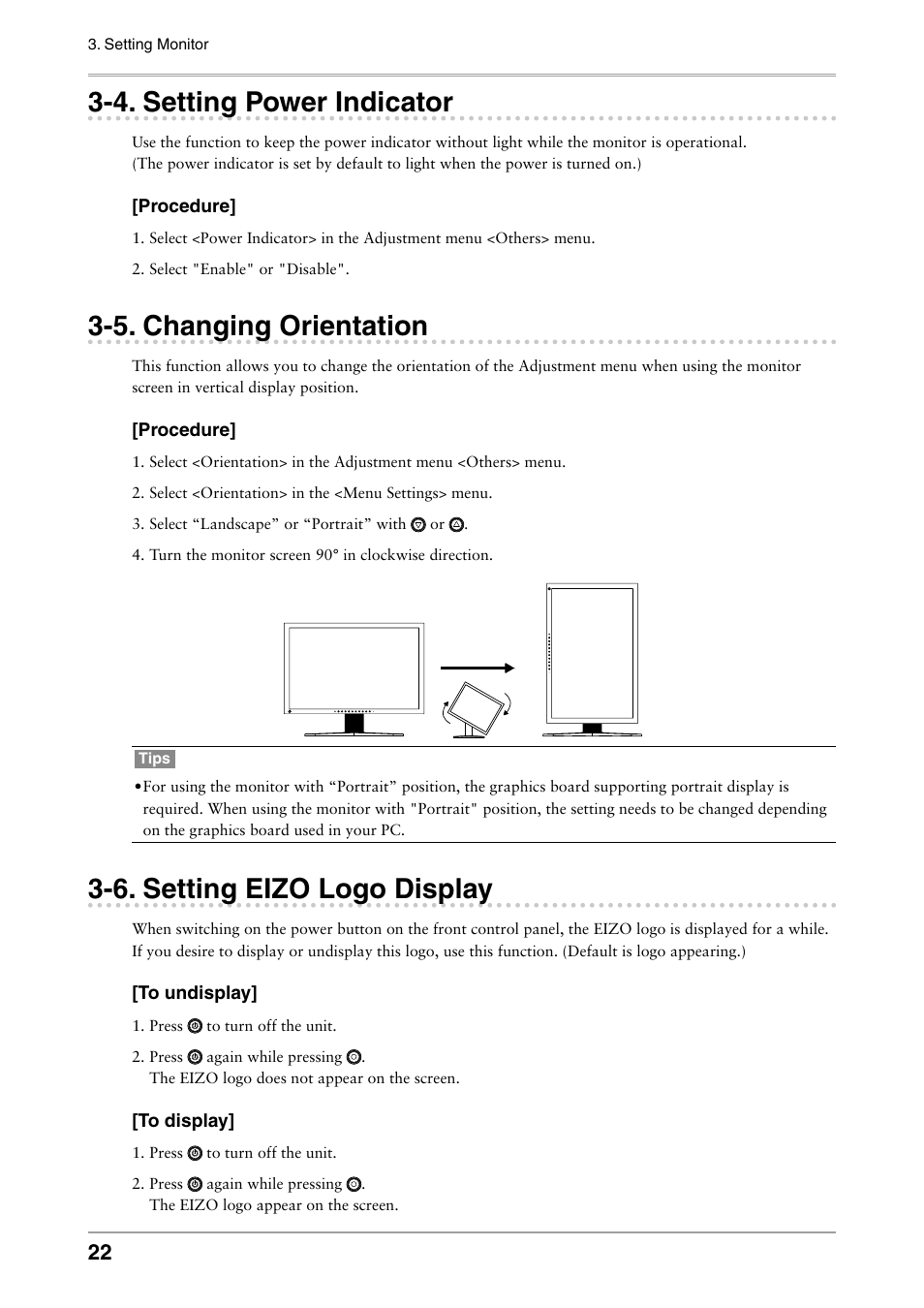 4. setting power indicator, 5. changing orientation, 6. setting eizo logo display | Setting power indicator, Changing orientation, Setting eizo logo display | Eizo ColorEdge CG242W User Manual | Page 22 / 41