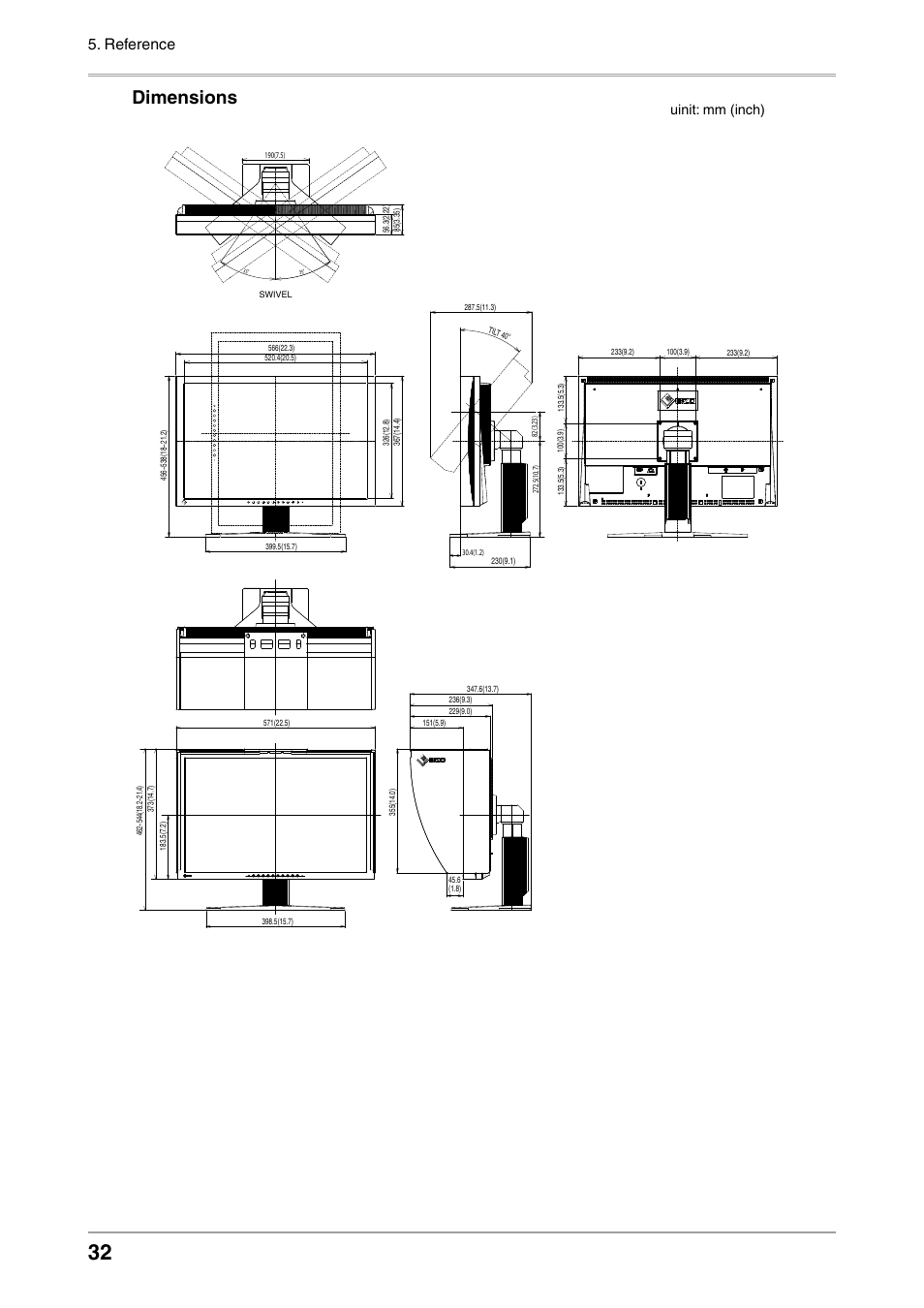 Dimensions, Reference, Uinit: mm (inch) | Eizo ColorEdge CG242W User Manual | Page 32 / 41