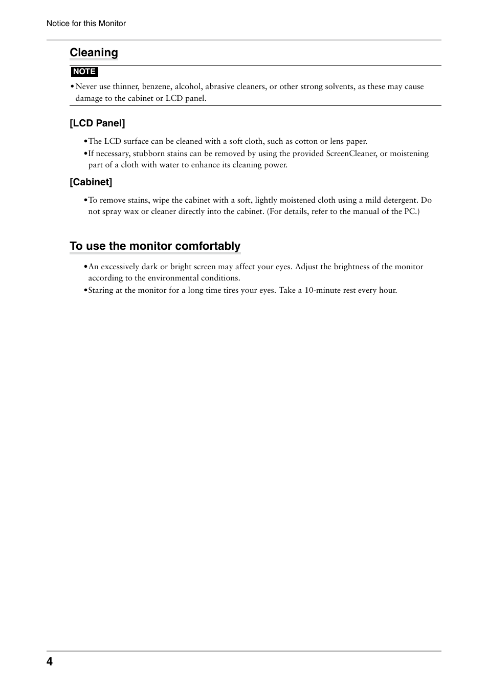 Cleaning, To use the monitor comfortably | Eizo ColorEdge CG242W User Manual | Page 4 / 41