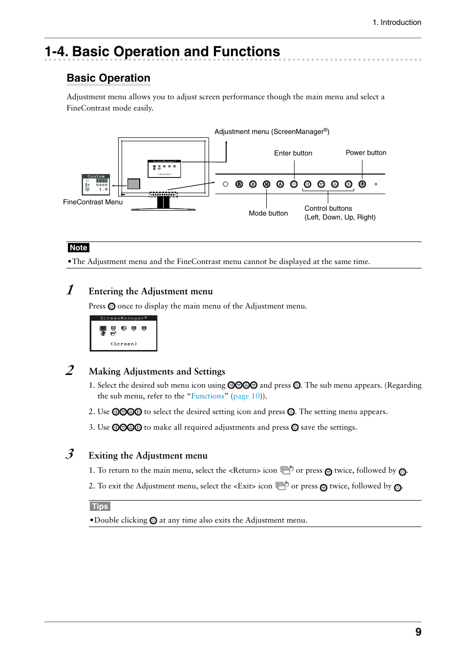 4. basic operation and functions, Basic operation, Saves values adjusted | . basic operation and functions | Eizo ColorEdge CG242W User Manual | Page 9 / 41