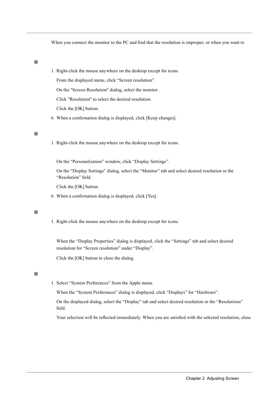 Setting resolution, Windows 7, Windows vista | Windows xp, Mac os x | Eizo CG243W User Manual | Page 13 / 52