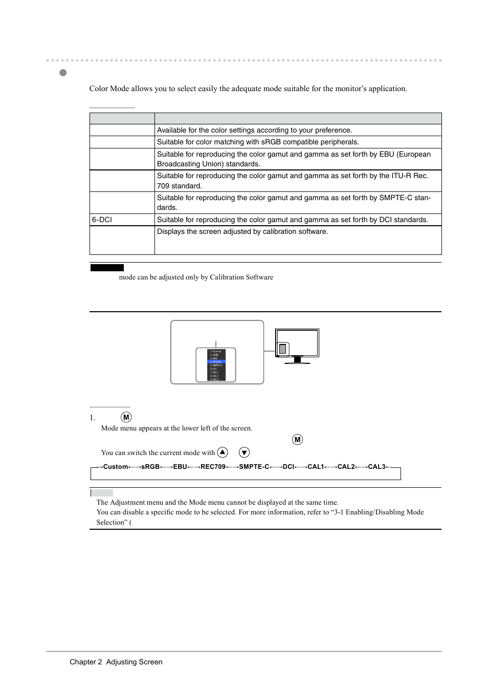 3. color adjustment, To select the display mode (color mode), Color adjustment | Eizo CG243W User Manual | Page 18 / 52