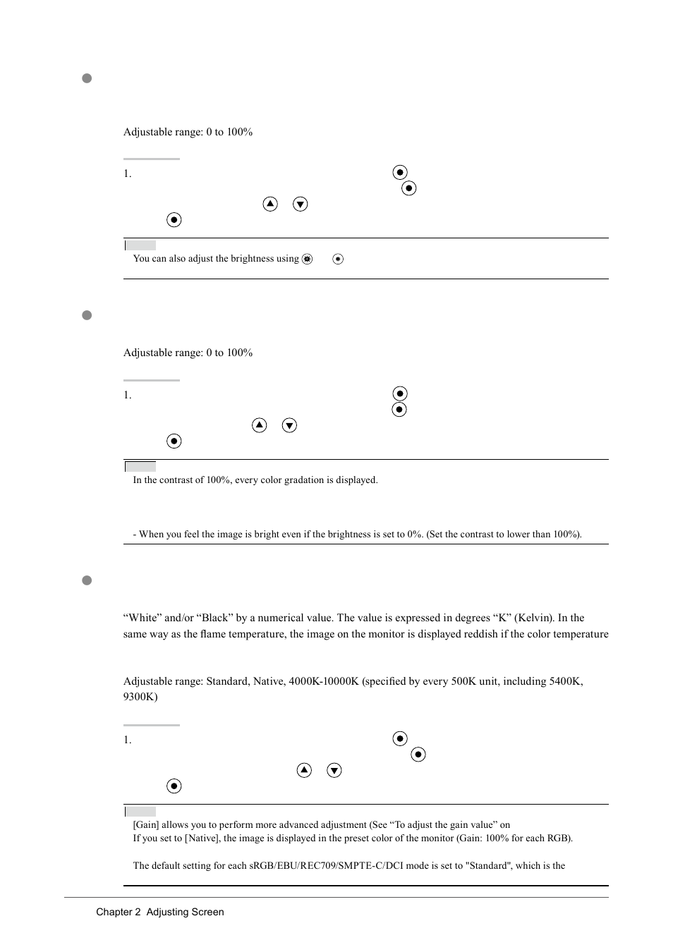 To adjust the brightness [brightness, To adjust the contrast [contrast, To adjust the color temperature [temperature | Eizo CG243W User Manual | Page 20 / 52