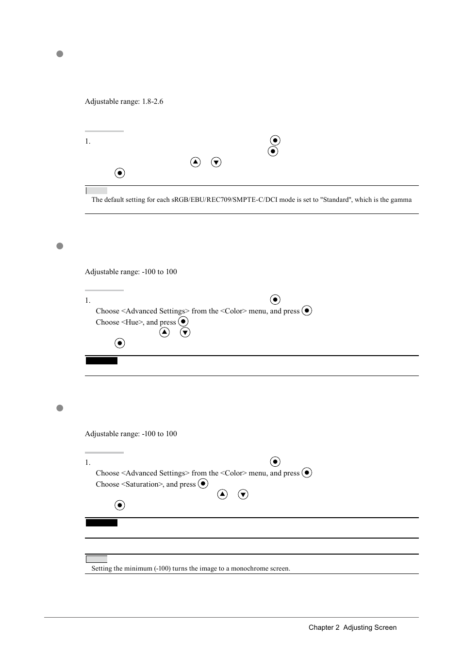 To adjust the gamma value [gamma, To adjust the hue [hue, To adjust the color saturation [saturation | Eizo CG243W User Manual | Page 21 / 52