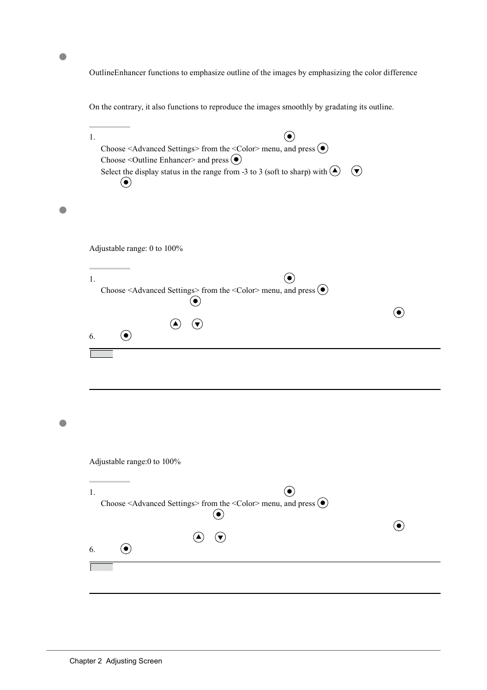 To adjust the gain value [gain, To adjust the black level [black level, To enhance the outline of the image | Outline enhancer | Eizo CG243W User Manual | Page 22 / 52