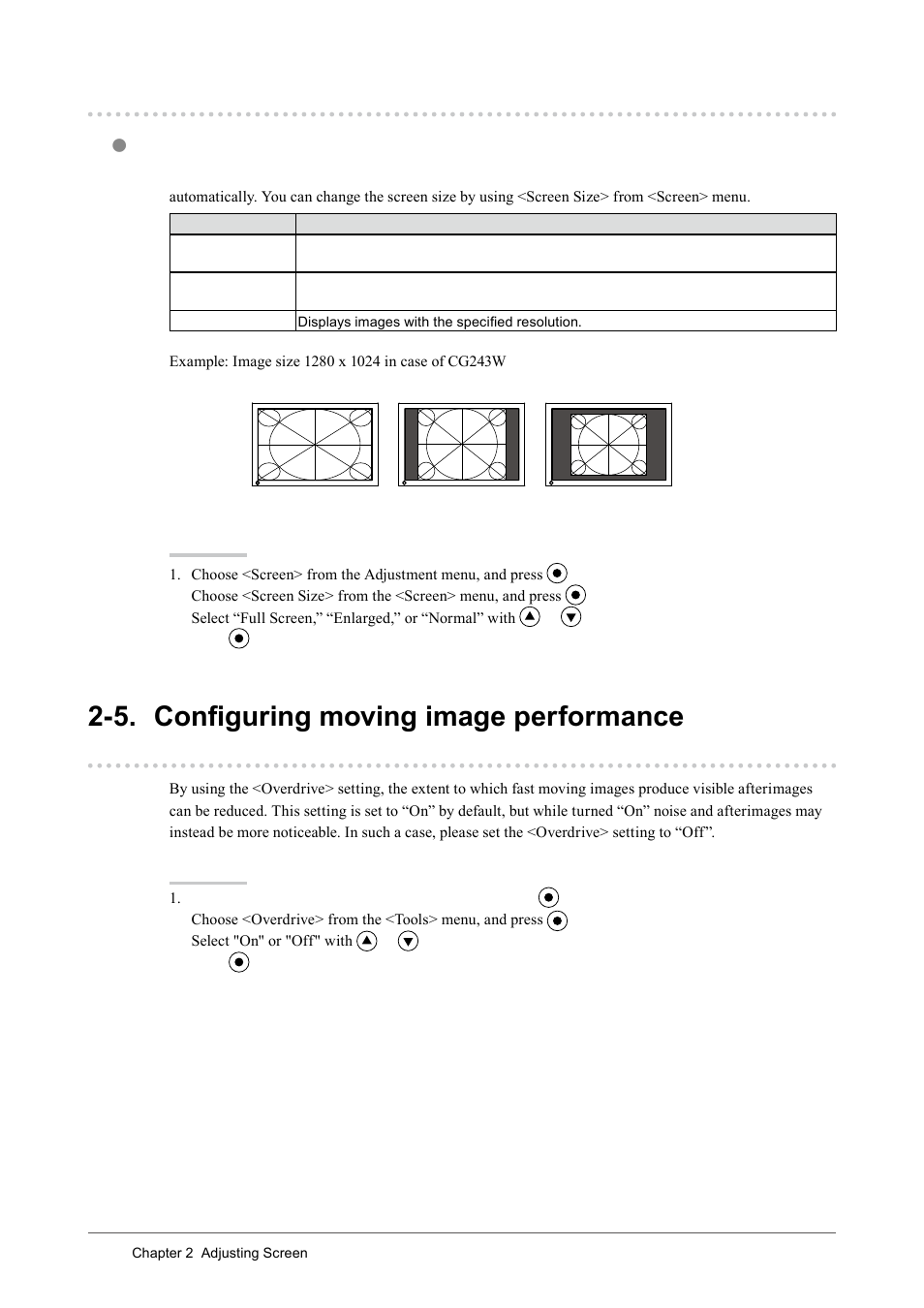 4. displaying lower resolutions, To change screen size [screen size, Displaying lower resolutions | 5. configuring moving image performance, Overdrive] (cgw) | Eizo CG243W User Manual | Page 24 / 52