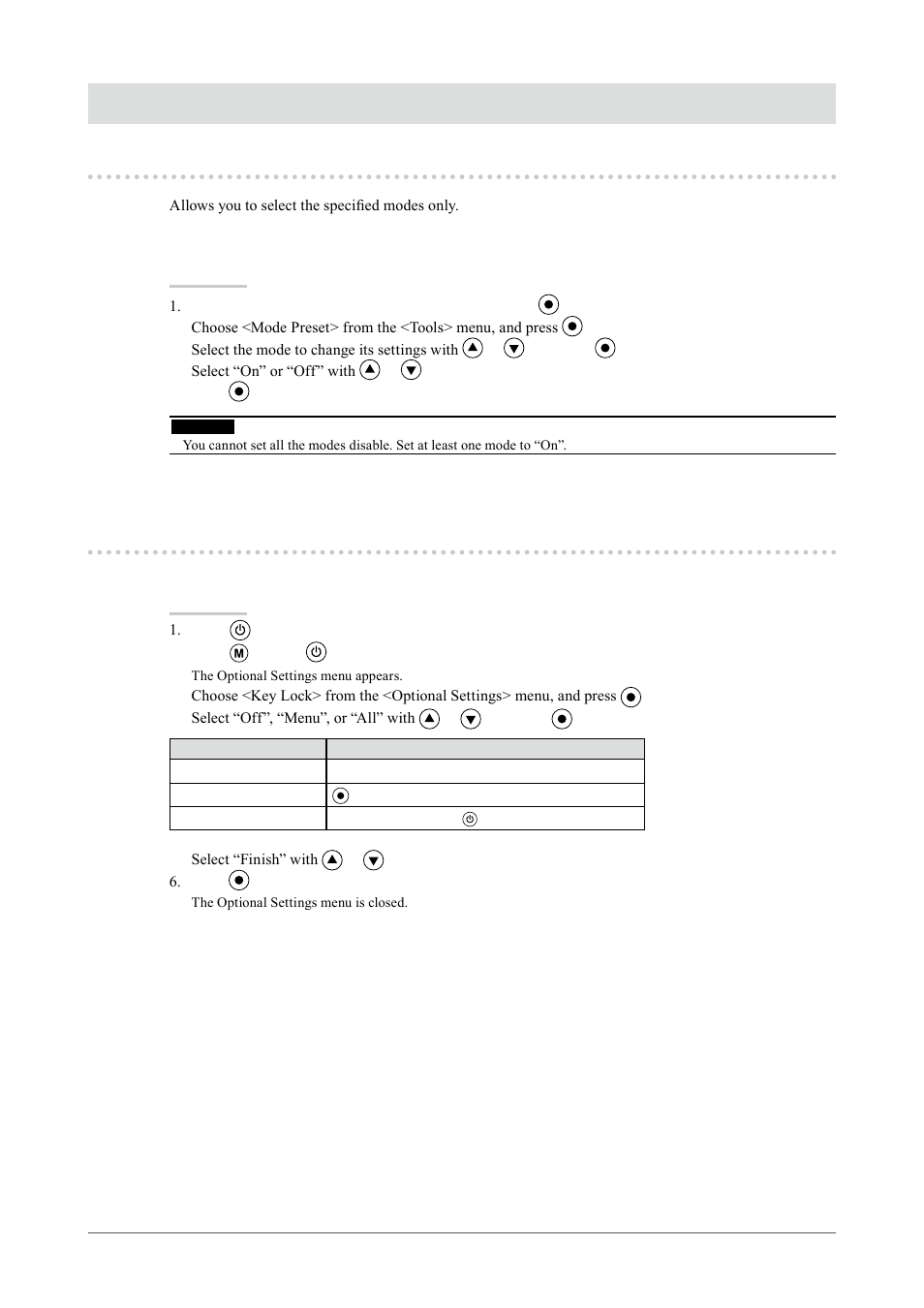 Chapter 3 setting monitor, 1. enabling/disabling mode selection [mode preset, 2. locking buttons [key lock | Chapter  setting monitor, Enabling/disabling mode selection, Mode preset, Locking buttons [key lock, Enabling/disabling mode selection [mode preset | Eizo CG243W User Manual | Page 25 / 52