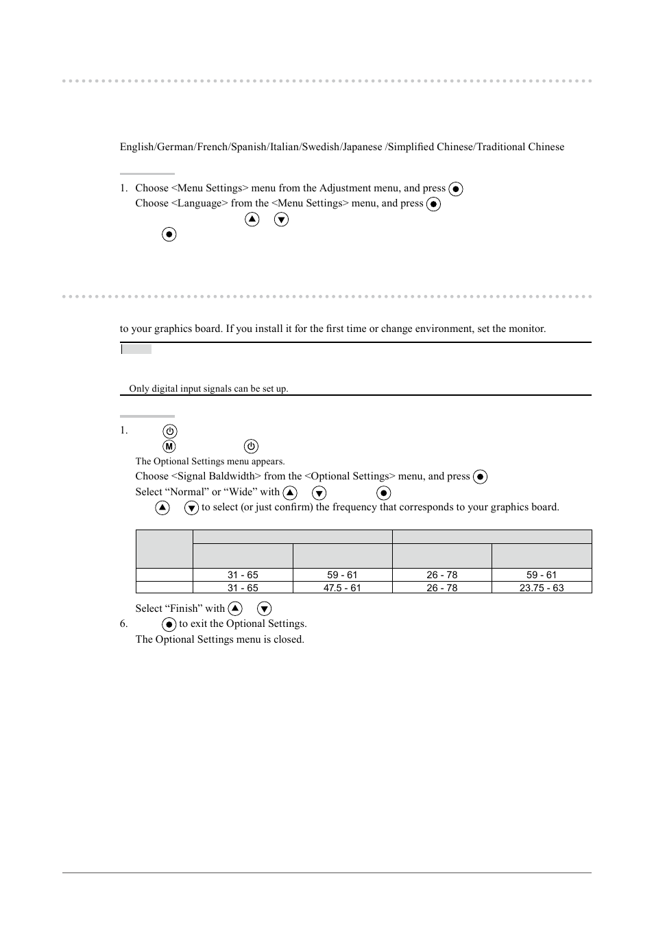 5. setting language [language, 6. setting range of frequency [signal bandwidth, Setting range of frequency [signal | Setting language [language, Setting range of frequency [signal bandwidth | Eizo CG243W User Manual | Page 27 / 52