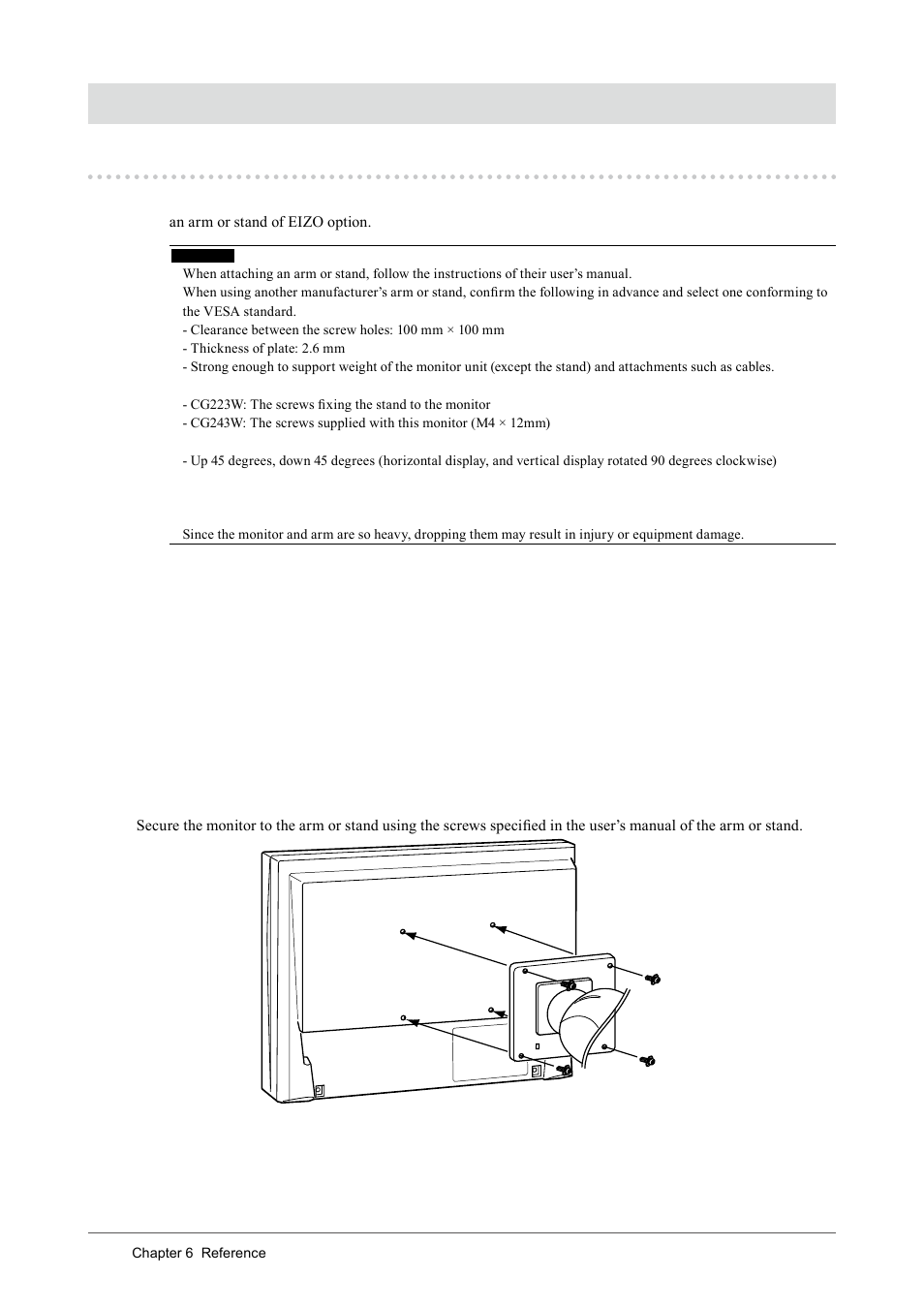 Chapter 6 reference, 1. attaching an arm | Eizo CG243W User Manual | Page 34 / 52