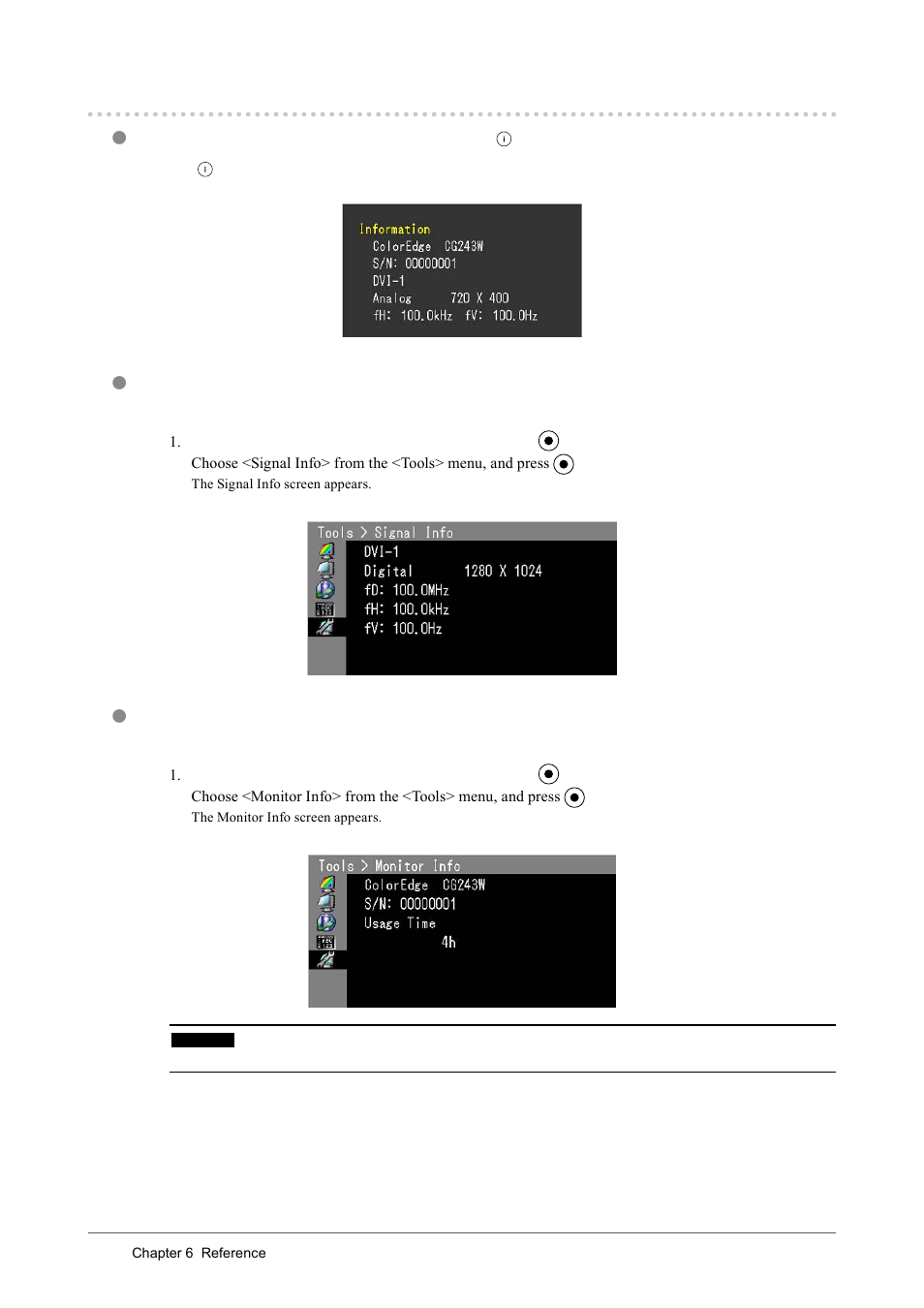 4. displaying monitor information, Displaying monitor information by pressing, Displaying signal information [signal info | Displaying monitor information [monitor info, . displaying monitor information | Eizo CG243W User Manual | Page 38 / 52