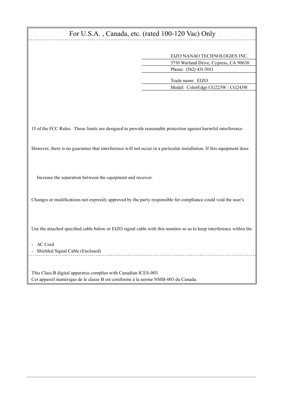 Fcc declaration of conformity, Canadian notice | Eizo CG243W User Manual | Page 49 / 52