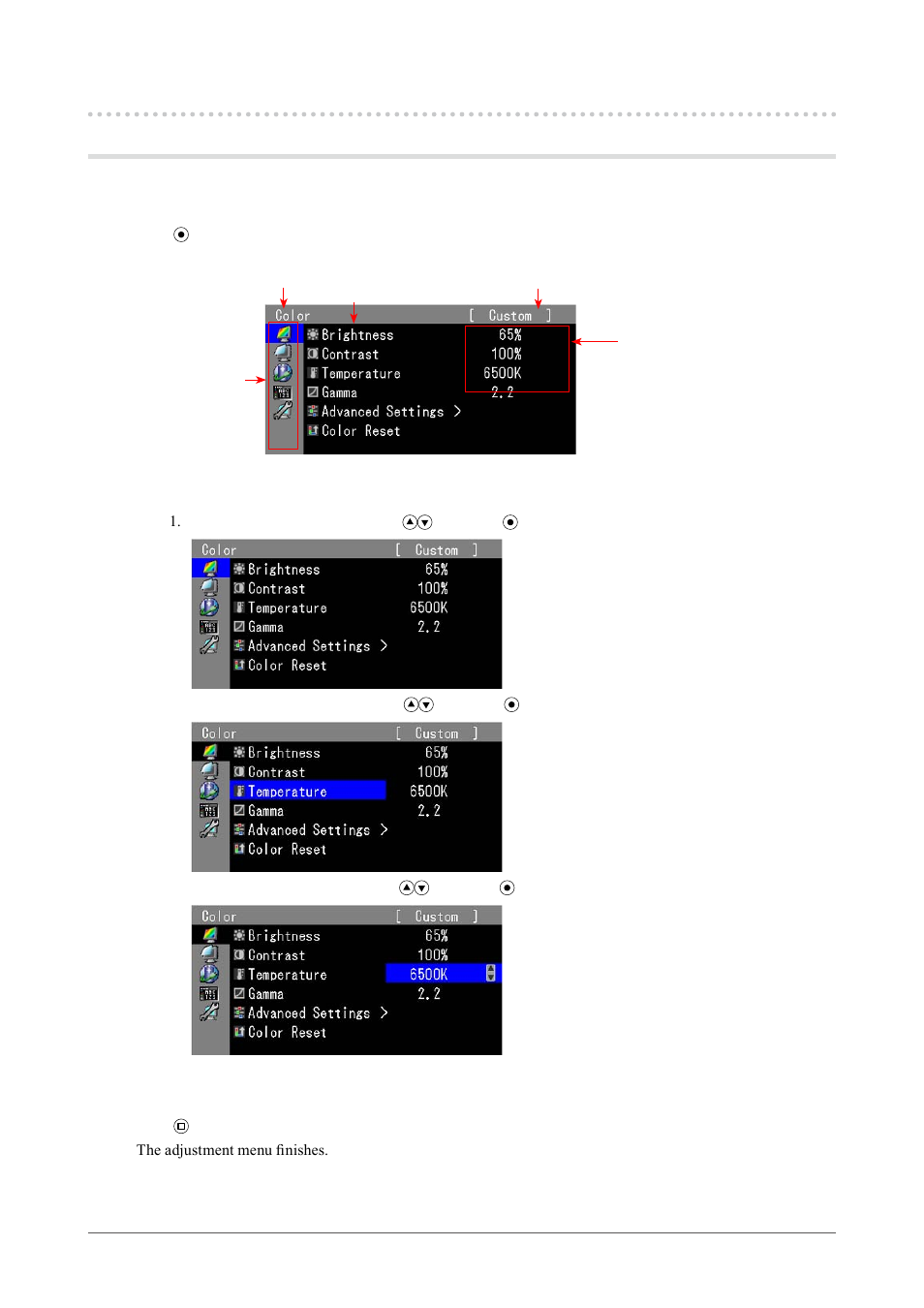 4. basic operation and functions, Basic operation of adjustment menu, . basic operation and functions | Eizo CG243W User Manual | Page 9 / 52