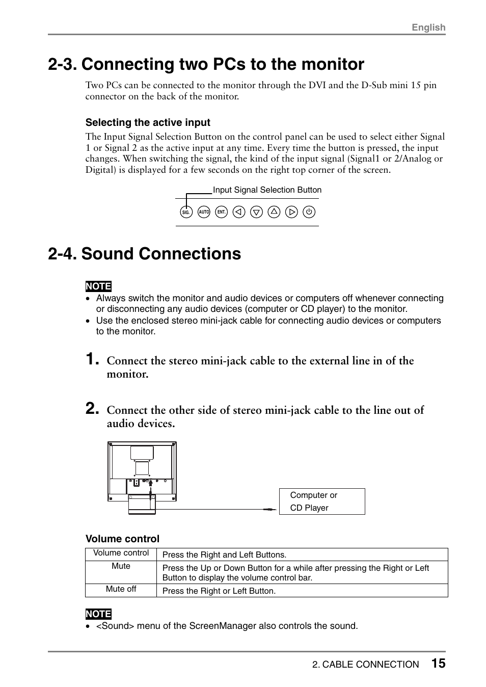 3. connecting two pcs to the monitor, 4. sound connections | Eizo FlexScan L352T-C User Manual | Page 15 / 43