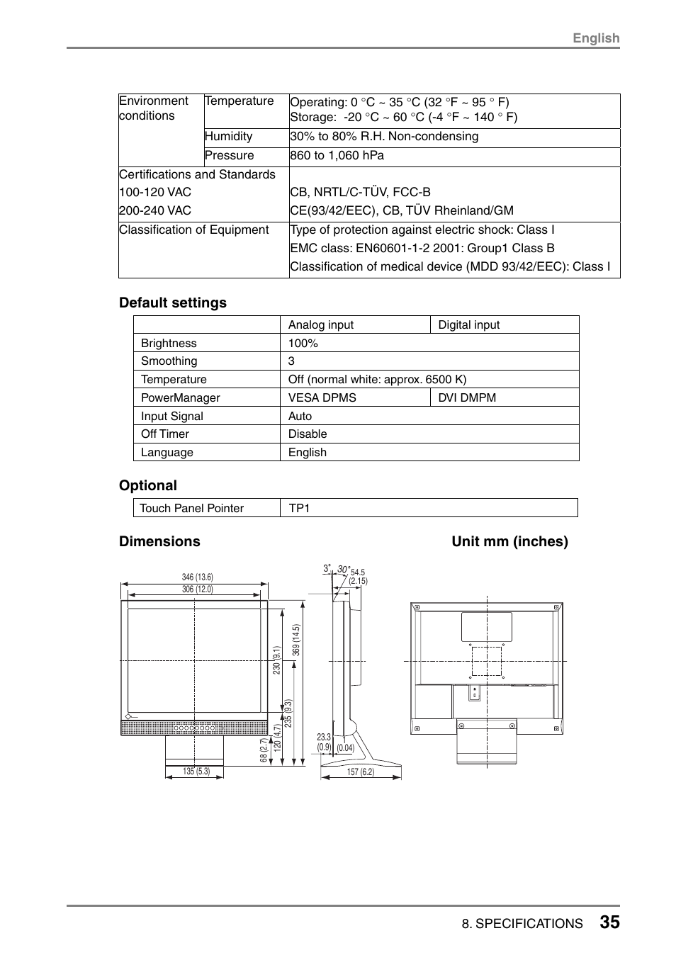 Default settings, Optional, Dimensions unit mm (inches) | Eizo FlexScan L352T-C User Manual | Page 35 / 43