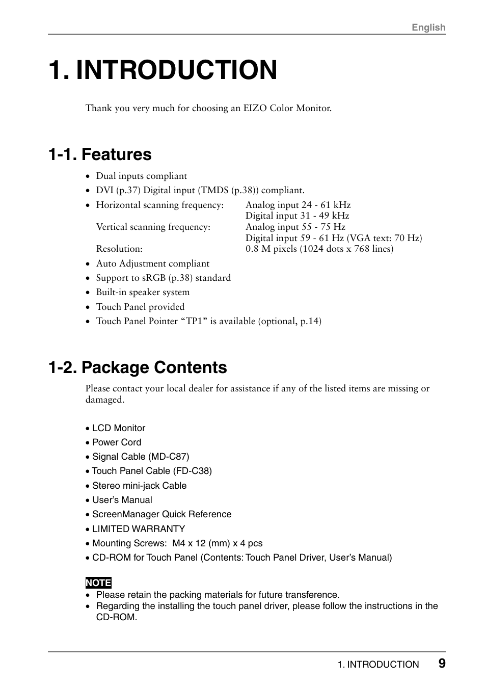Introduction, 1. features, 2. package contents | Eizo FlexScan L352T-C User Manual | Page 9 / 43