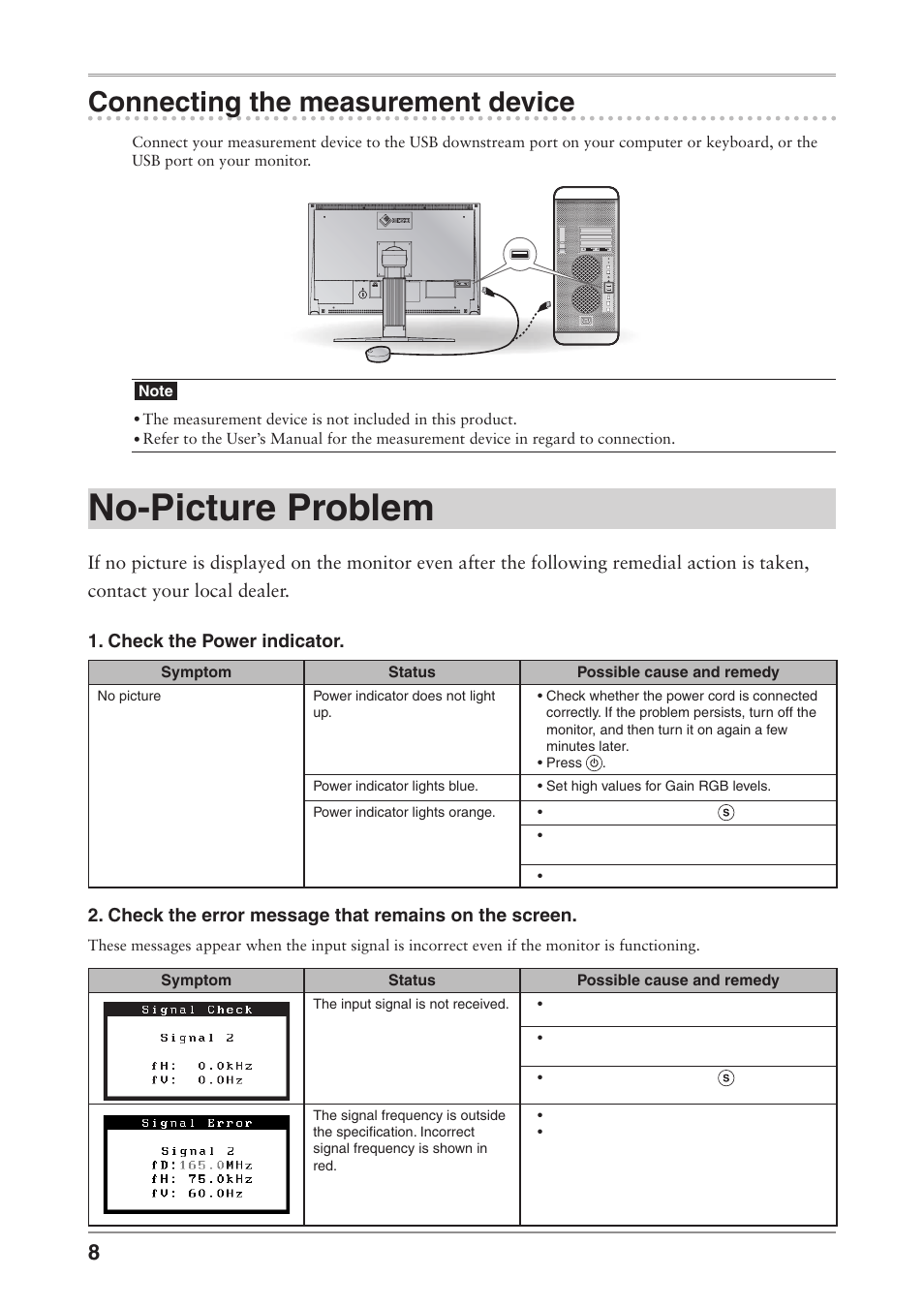 No-picture problem, Connecting the measurement device | Eizo ColorEdge CG241W User Manual | Page 10 / 36